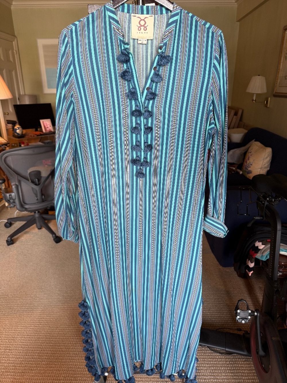 FIGUE Blue Striped Tassel Caftan Dress | Size Large